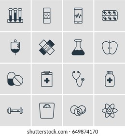 Vector Illustration Of 16 Medical Icons. Editable Pack Of Medicine, Phone Monitor, Painkiller And Other Elements.