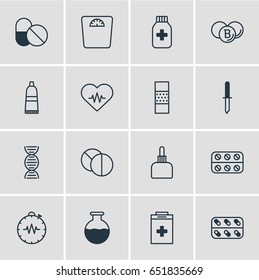 Vector Illustration Of 16 Medical Icons. Editable Pack Of Medicine, Medicament Pitcher, Round Tablet And Other Elements.