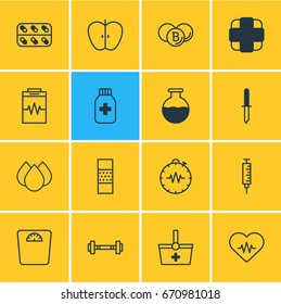 Vector Illustration Of 16 Medical Icons. Editable Pack Of Pipette, Heart Rhythm, Vial And Other Elements.