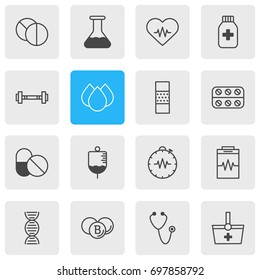 Vector Illustration Of 16 Medical Icons. Editable Pack Of Pulse, Pills, Genome And Other Elements.