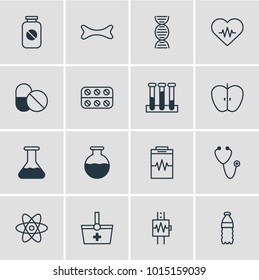 Vector illustration of 16 medicine icons line style. Editable set of vial, apple, heart with cardiogram and other icon elements.