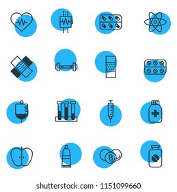 Vector illustration of 16 medicine icons line style. Editable set of pill bottle, syringe, toothpaste and other icon elements.