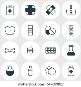 Vector Illustration Of 16 Medicine Icons. Editable Pack Of Osseous, Plastic Bottle, Round Tablet And Other Elements.