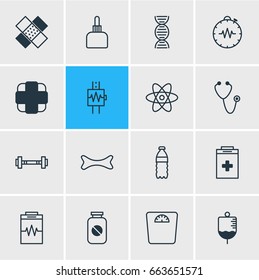 Vector Illustration Of 16 Medicine Icons. Editable Pack Of Genome, Plastic Bottle, Dumbbell And Other Elements.