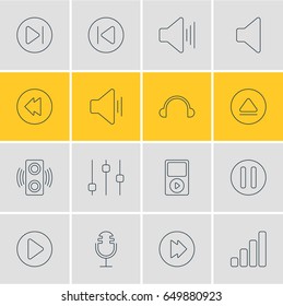 Vector Illustration Of 16 Melody Icons. Editable Pack Of Stabilizer, Subsequent, Mp3 And Other Elements.