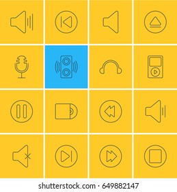 Vector Illustration Of 16 Melody Icons. Editable Pack Of Lag, Preceding, Rewind And Other Elements.