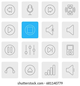 Vector Illustration Of 16 Melody Icons. Editable Pack Of Start, Soundless, Amplifier And Other Elements.