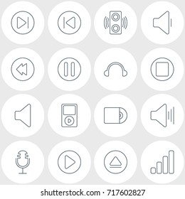 Vector Illustration Of 16 Melody Icons. Editable Pack Of Decrease Sound, Mike, Rewind And Other Elements.