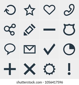 Vector illustration of 16 member icons. Editable set of share, write, add and other icon elements.