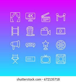 Vector Illustration Of 16 Movie Icons. Editable Pack Of Reward, Megaphone, Movie Reel And Other Elements.
