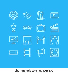 Vector Illustration Of 16 Movie Icons. Editable Pack Of Tv, Reward, Megaphone And Other Elements.