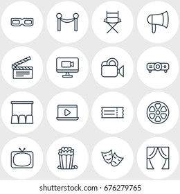Vector Illustration Of 16 Movie Icons. Editable Pack Of Spectacles, Movie Reel, Coupon And Other Elements.
