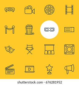 Vector Illustration Of 16 Movie Icons. Editable Pack Of Loudspeaker, Movie Reel, Slideshow And Other Elements.
