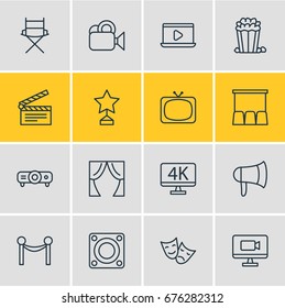Vector Illustration Of 16 Movie Icons. Editable Pack Of Megaphone, Snack, Camera And Other Elements.