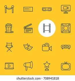Vector Illustration Of 16 Movie Icons. Editable Pack Of Loudspeaker, Shooting Seat, Camera And Other Elements.
