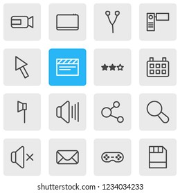 Vector illustration of 16 music icons line style. Editable set of camcorder, search, calendar and other icon elements.