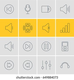 Vector Illustration Of 16 Music Icons. Editable Pack Of Stabilizer, Preceding, Reversing And Other Elements.