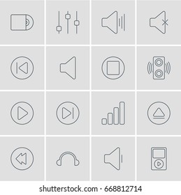 Vector Illustration Of 16 Music Icons. Editable Pack Of Speaker, Reversing, Amplifier And Other Elements.