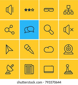 Vector illustration of 16 music icons line style. Editable set of storage, microphone, mobile and other elements.