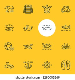 Vector illustration of 16 nautical icons line style. Editable set of grilled fish, aquatic, dolphin and other icon elements.