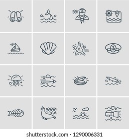 Vector illustration of 16 nautical icons line style. Editable set of captains cap, harpoon gun, sunset in the sea and other icon elements.