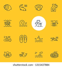 Vector illustration of 16 nautical icons line style. Editable set of cod fish, fish steak, cetacean and other icon elements.