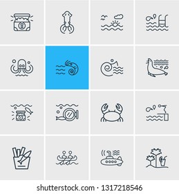 Vector illustration of 16 nautical icons line style. Editable set of squid, treasure chest, submarine and other icon elements.