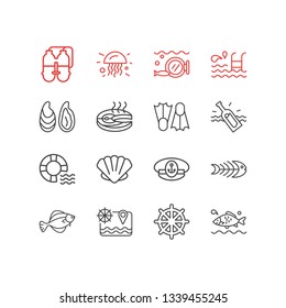 Vector illustration of 16 nautical icons line style. Editable set of porthole, fish bone, scallop and other icon elements.