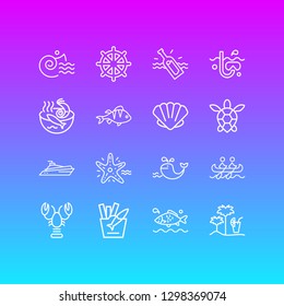 Vector illustration of 16 naval icons line style. Editable set of yacht, snorkeling, seafood soup and other icon elements.