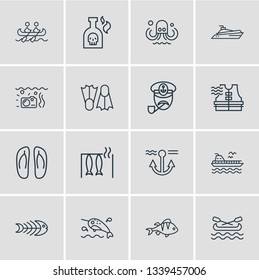 Vector illustration of 16 naval icons line style. Editable set of captain, perch, canoe and other icon elements.