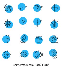 Vector Illustration Of 16 Navigation Icons. Editable Pack Of Block, Direction, Guidepost And Other Elements.