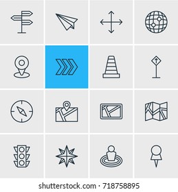 Vector Illustration Of 16 Navigation Icons. Editable Pack Of World, Marker, Direction And Other Elements.