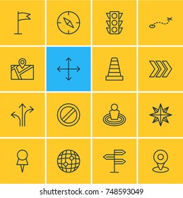 Vector Illustration Of 16 Navigation Icons. Editable Pack Of Compass, Pin, World And Other Elements.