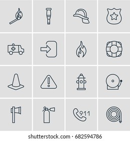 Vector Illustration Of 16 Necessity Icons. Editable Pack Of Siren, Hotline, Safety And Other Elements.