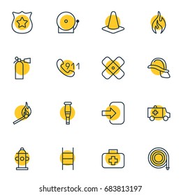 Vector Illustration Of 16 Necessity Icons. Editable Pack Of Siren, First-Aid, Fire And Other Elements.
