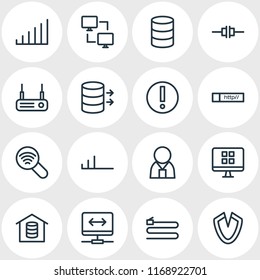 Vector illustration of 16 network icons line style. Editable set of internet, vpn, administrator and other icon elements.
