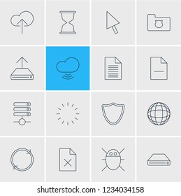 Vector illustration of 16 network icons line style. Editable set of database, data upload, remove file and other icon elements.