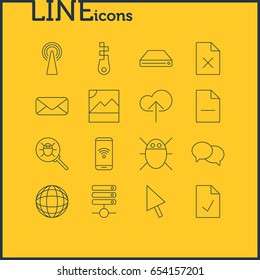 Vector Illustration Of 16 Network Icons. Editable Pack Of Bug, Talking, Photo And Other Elements.