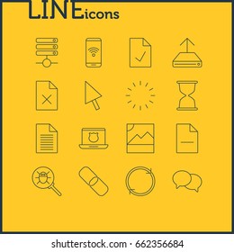 Vector Illustration Of 16 Network Icons. Editable Pack Of Pointer, Removing File, Checked Note And Other Elements.