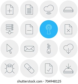 Vector Illustration Of 16 Network Icons. Editable Pack Of Delete Data, Fastener, Document Adding And Other Elements.