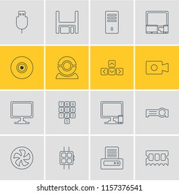 Vector illustration of 16 notebook icons line style. Editable set of usb cable, printout, devices and other icon elements.