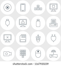 Vector illustration of 16 notebook icons line style. Editable set of universal serial bus, numpad, mobile phone and other icon elements.