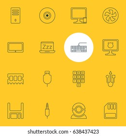 Vector Illustration Of 16 Notebook Icons. Editable Pack Of Phone Near Computer, Mainframe, Qwerty Board And Other Elements.