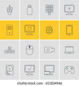 Vector Illustration Of 16 Notebook Icons. Editable Pack Of Antivirus, Gamepad, Mainframe And Other Elements.