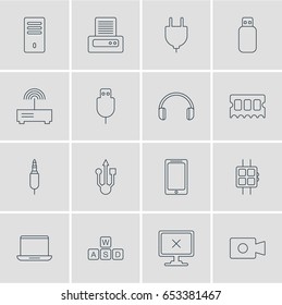 Vector Illustration Of 16 Notebook Icons. Editable Pack Of Keyboard, Flash Drive, Input Jack And Other Elements.