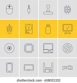 Vector Illustration Of 16 Notebook Icons. Editable Pack Of Cursor Manipulator, Diskette, Hard Drive Disk And Other Elements.