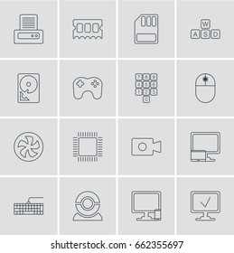 Vector Illustration Of 16 Notebook Icons. Editable Pack Of Online Computer, Tablet With PC, Cooler And Other Elements.