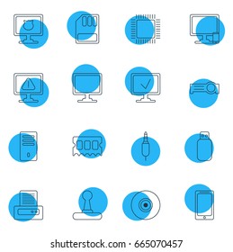 Vector Illustration Of 16 Notebook Icons. Editable Pack Of Phone Near Computer, Game Controller, Mainframe And Other Elements.