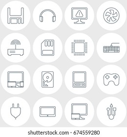 Vector Illustration Of 16 Notebook Icons. Editable Pack Of Gamepad, Storage, Tablet With PC And Other Elements.