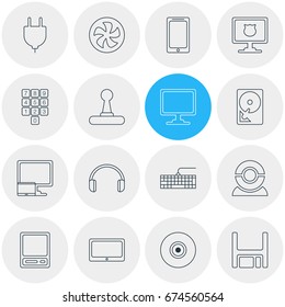 Vector Illustration Of 16 Notebook Icons. Editable Pack Of Tablet With PC, Diskette, Game Controller And Other Elements.